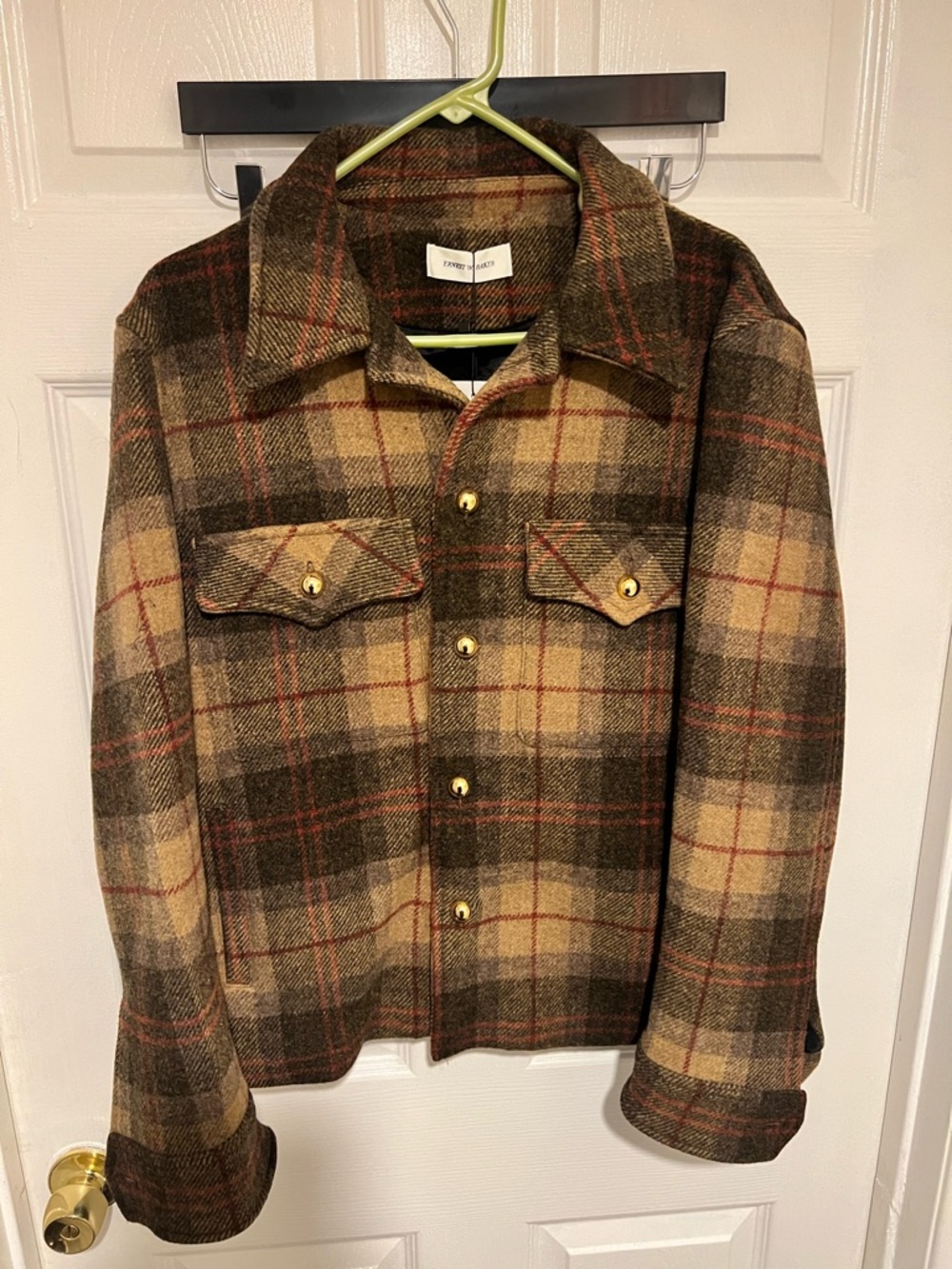Ernest W Baker Plaid Wool Button-Up Jacket in Olive, Brown & Tan